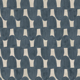 Detail of wallpaper in an abstract scalloped print in navy on a greige field.