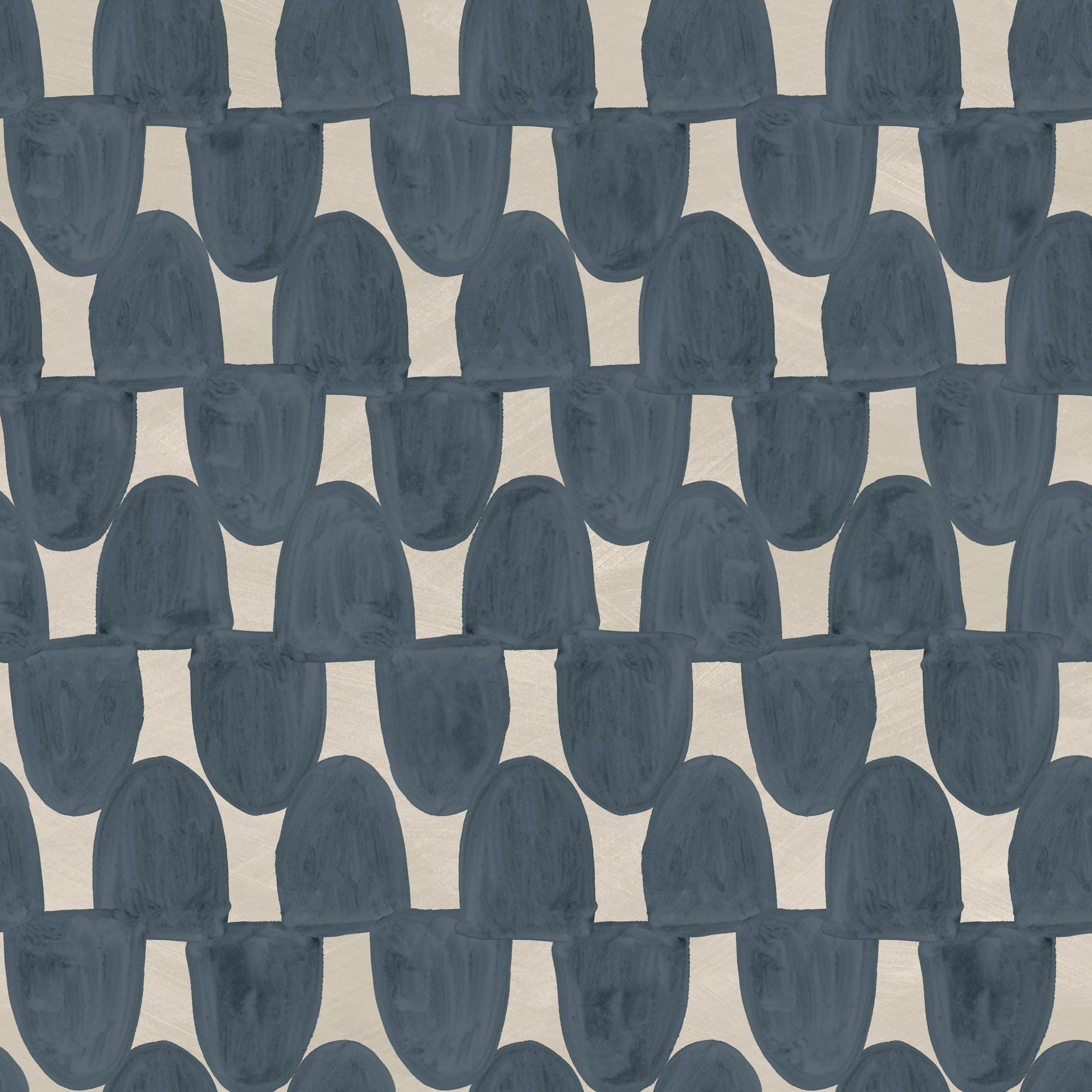 Detail of wallpaper in an abstract scalloped print in navy on a greige field.