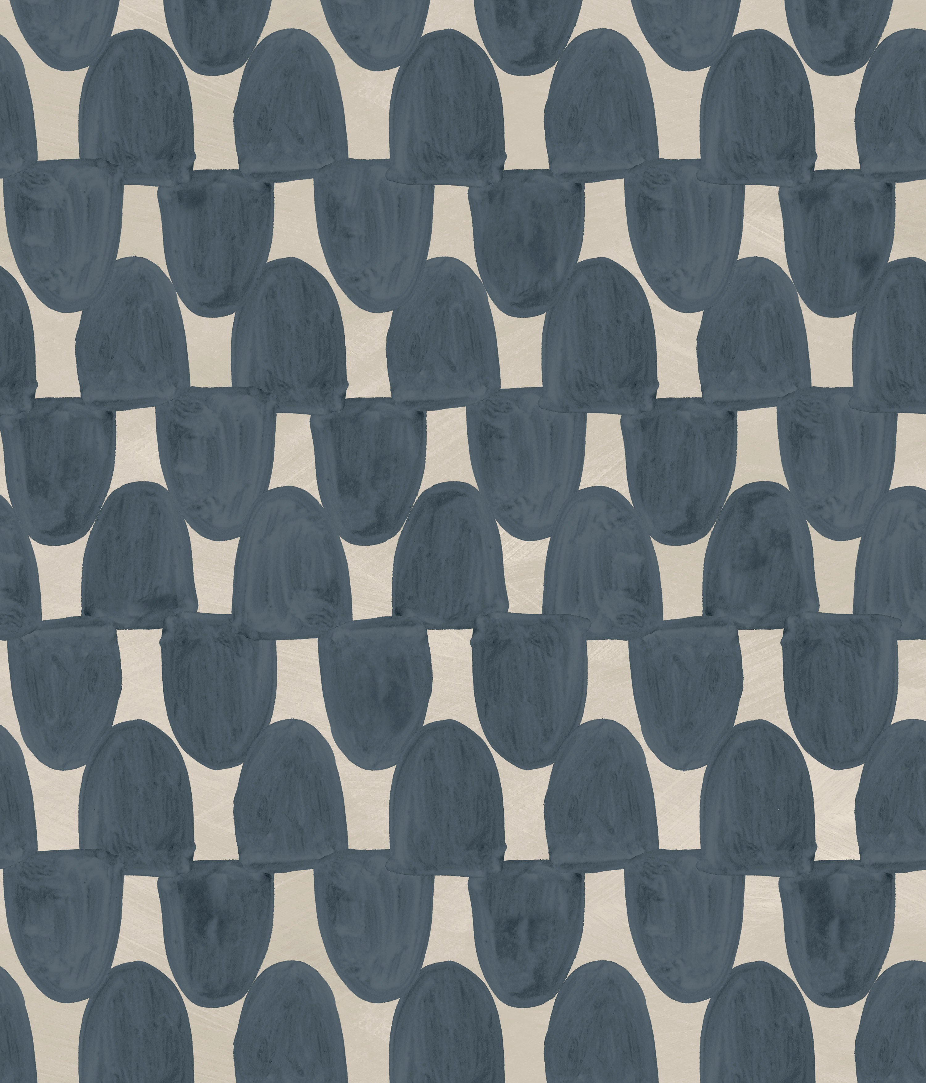 Detail of wallpaper in an abstract scalloped print in navy on a greige field.