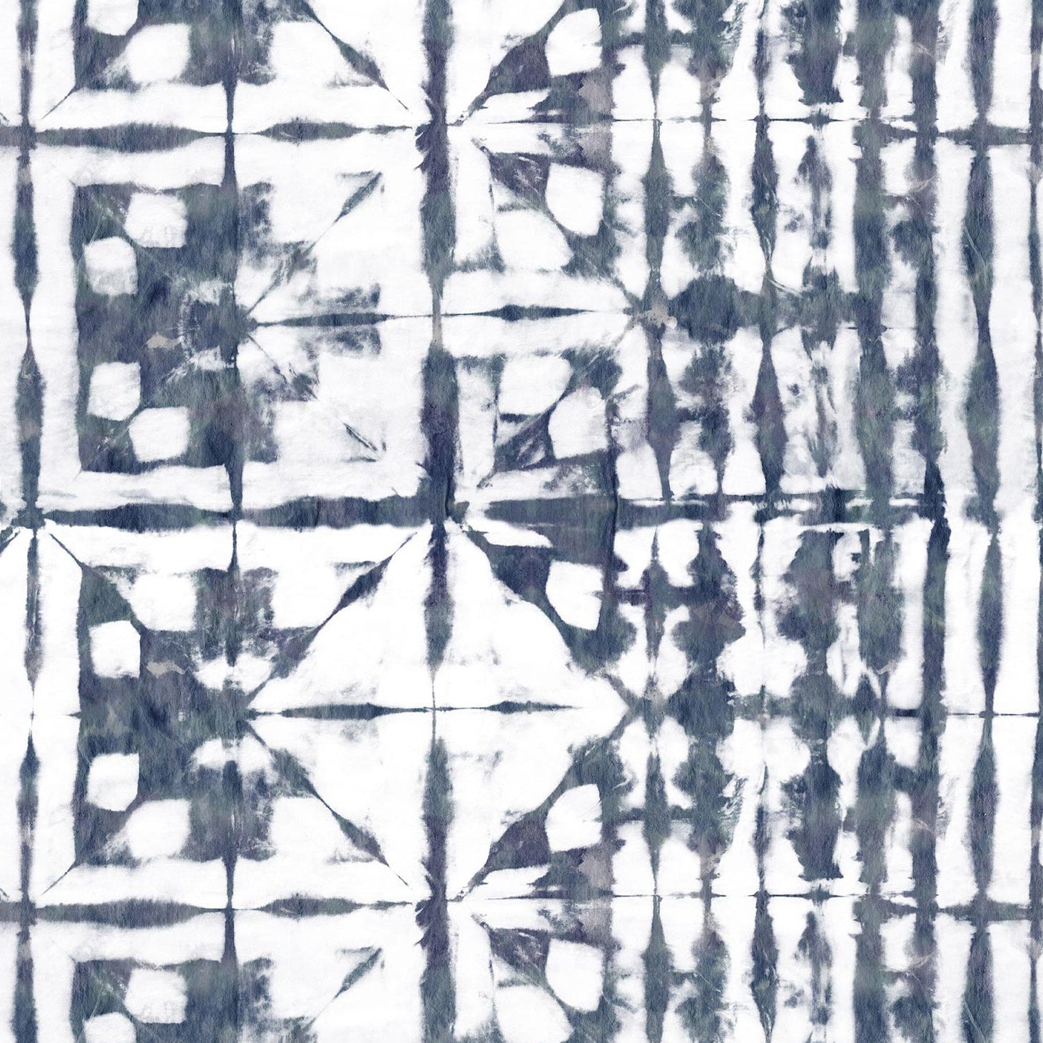 Detail of wallpaper in a watercolor dyed grid print in mottled white and navy.