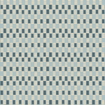 Detail of fabric in a geometric check print in shades of blue, cream and navy.
