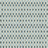Detail of wallpaper in a geometric check print in shades of blue, cream and navy.