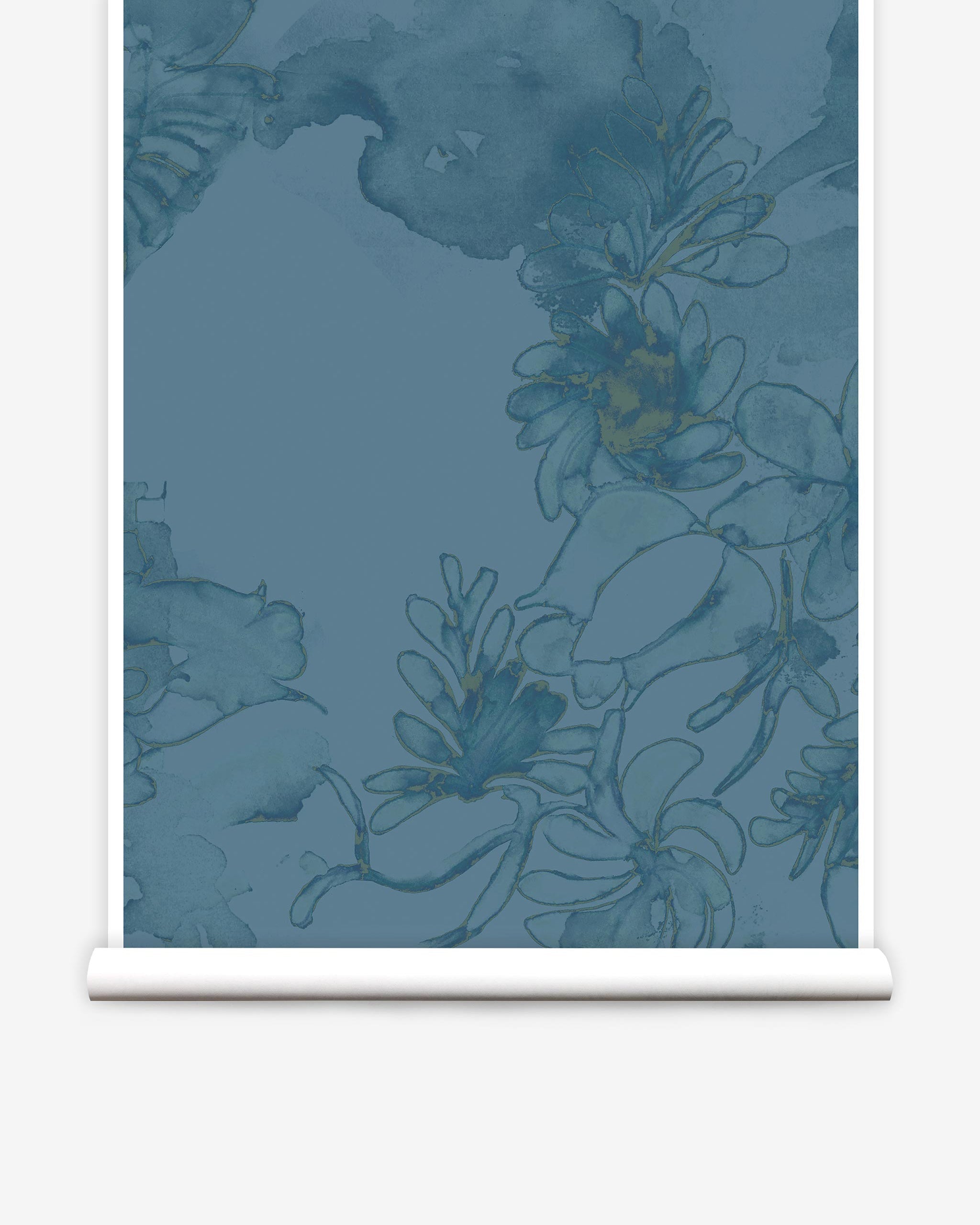 Partially unrolled wallpaper yardage in a painterly floral print in shades of navy and yellow on a blue field.