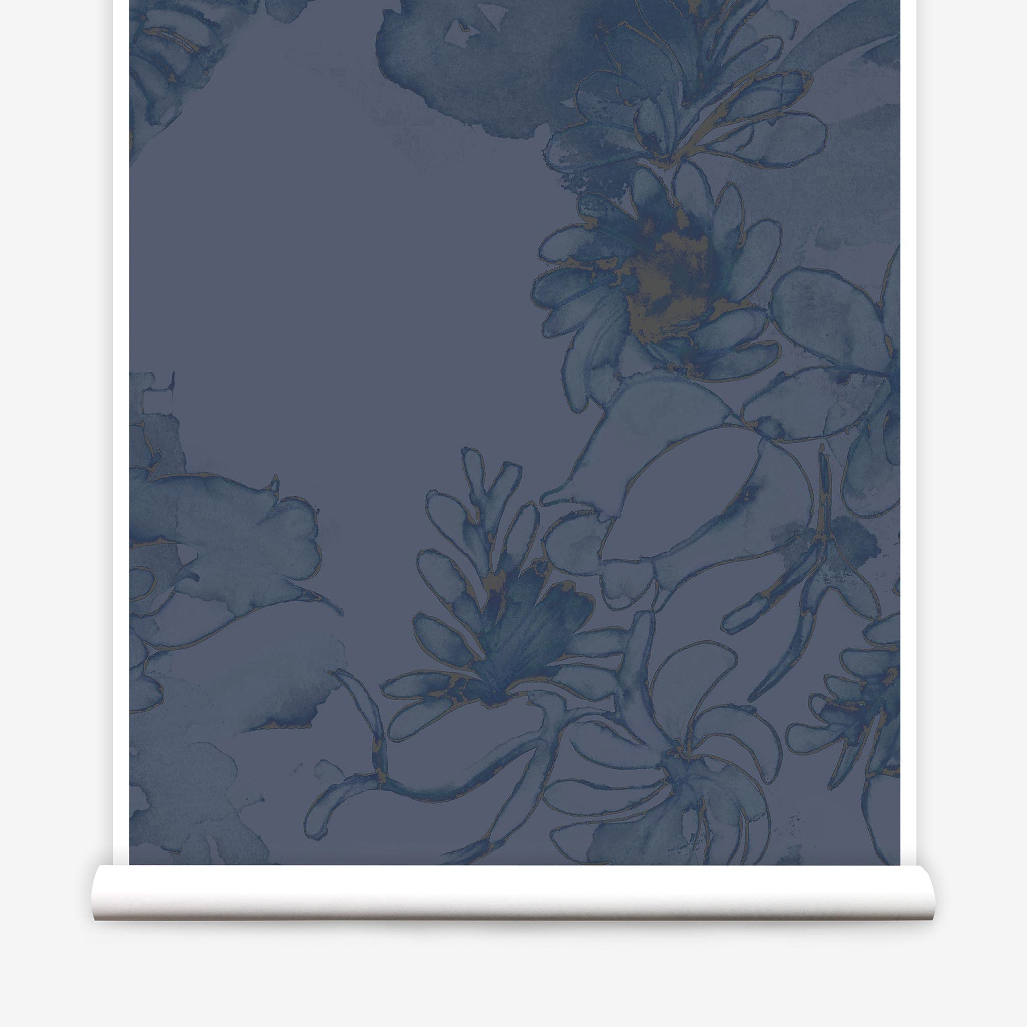 Partially unrolled wallpaper yardage in a painterly floral print in shades of navy and tan on a blue field.
