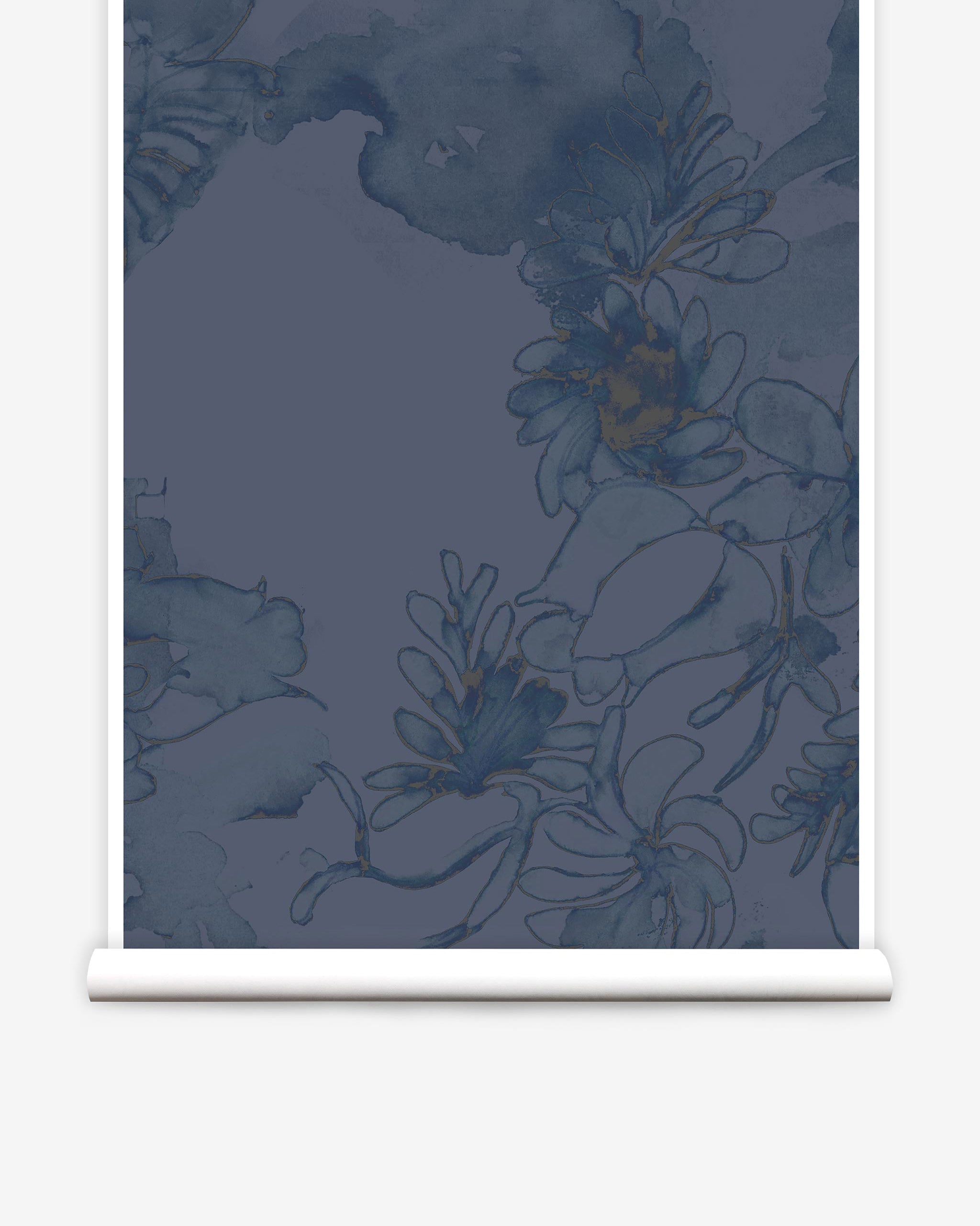 Partially unrolled wallpaper yardage in a painterly floral print in shades of navy and tan on a blue field.