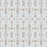 Detail of wallpaper in a painterly ikat print in turquoise, gray and tan.