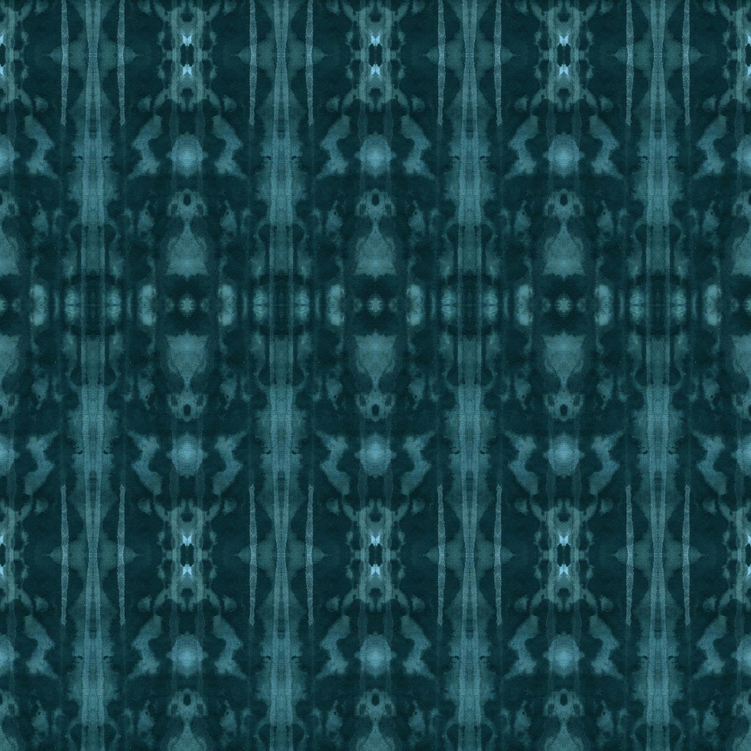 Detail of wallpaper in a painterly ikat print in turquoise and navy.