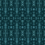 Detail of wallpaper in a painterly ikat print in turquoise and navy.