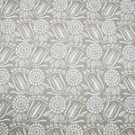 Detail of wallpaper in a dense floral print in white on a tan field.