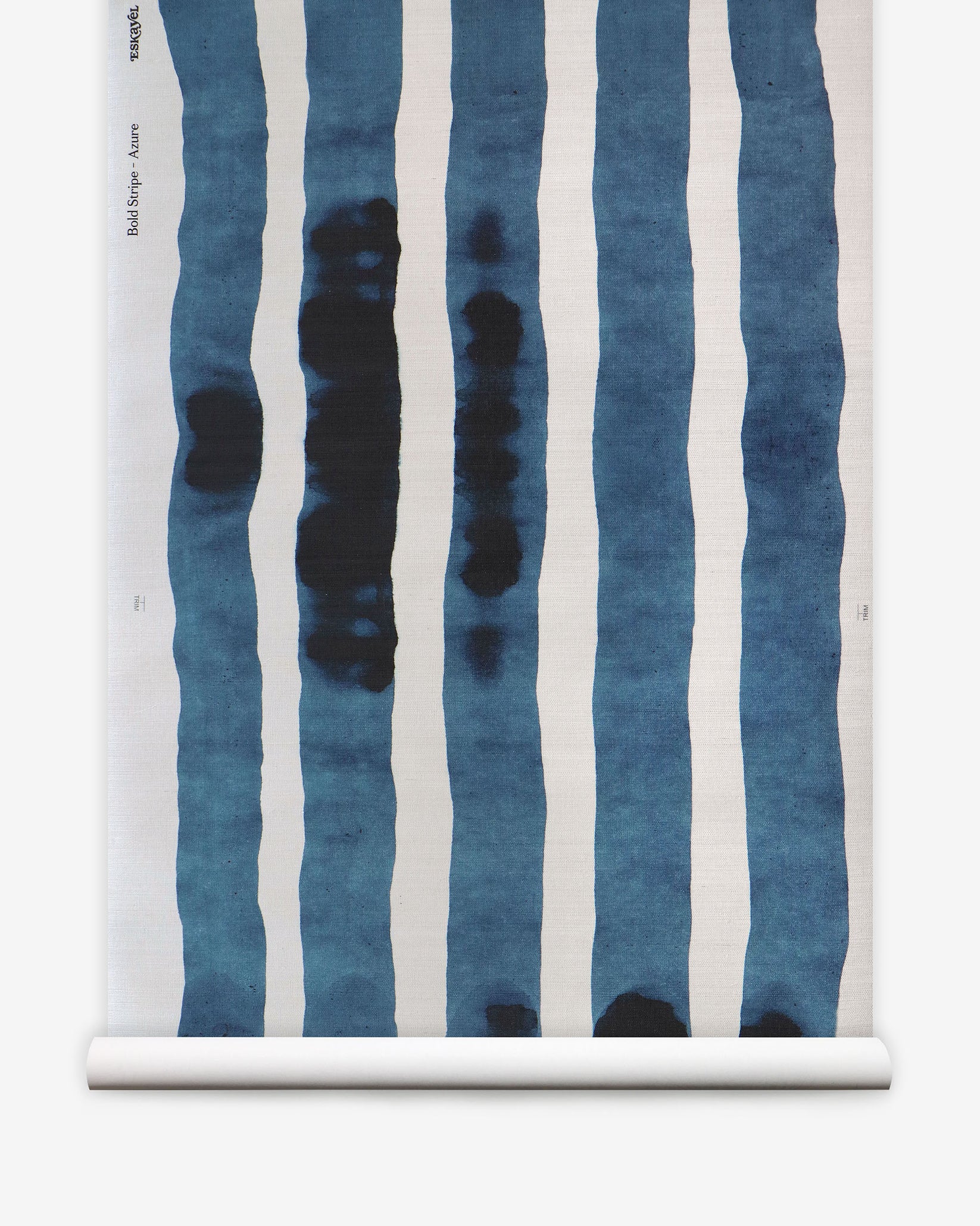 Grasscloth Wallpaper roll with bold watercolor stripes in greige and white on a white background.