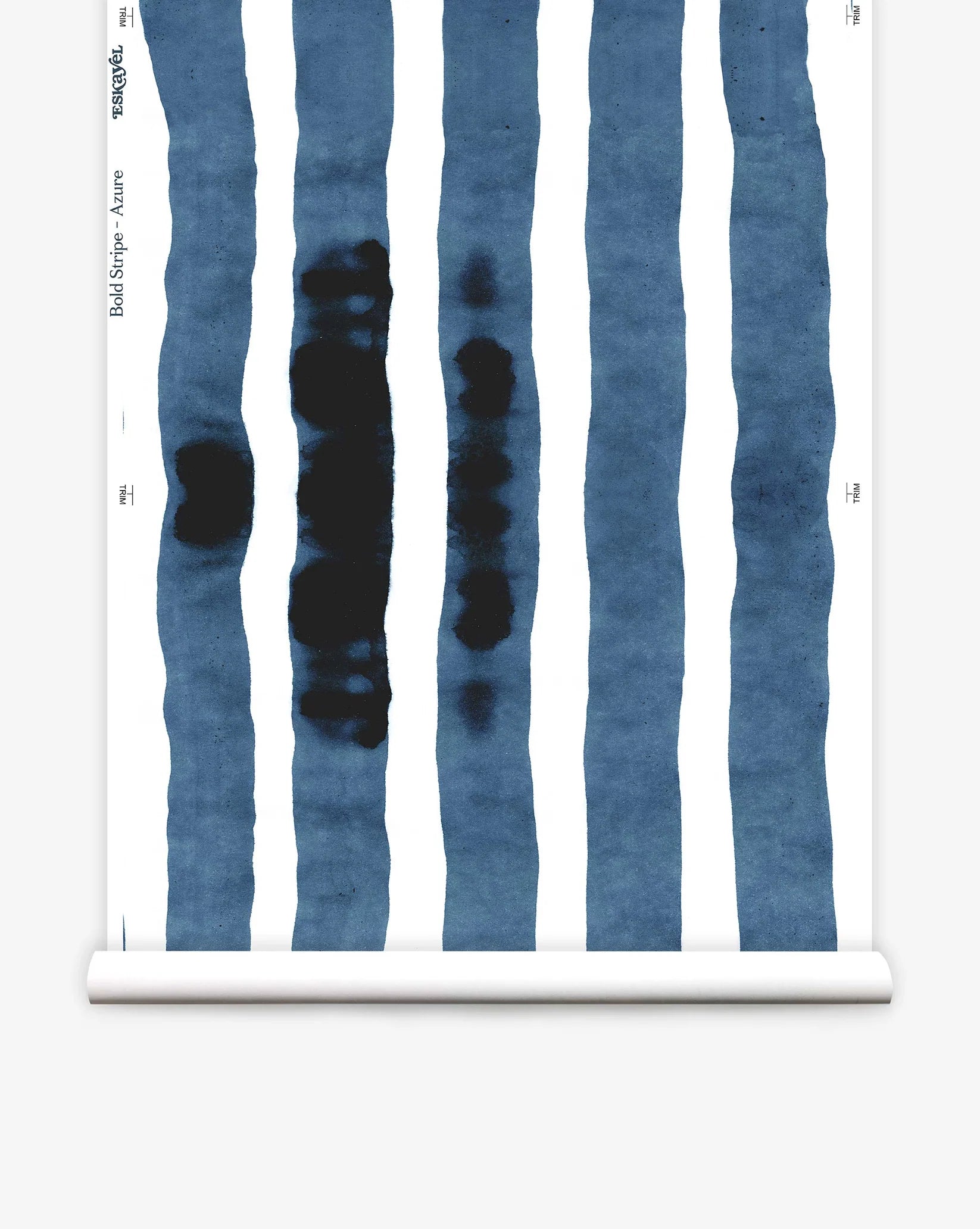 Wallpaper roll with bold watercolor stripes in inky blue and white on a white background.
