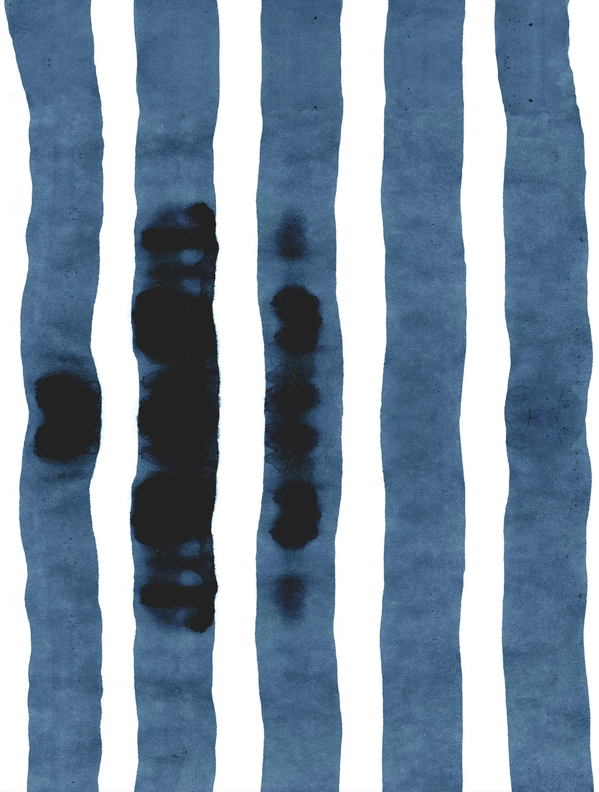 Wallpaper close up with bold watercolor stripes in inky blue and white. 