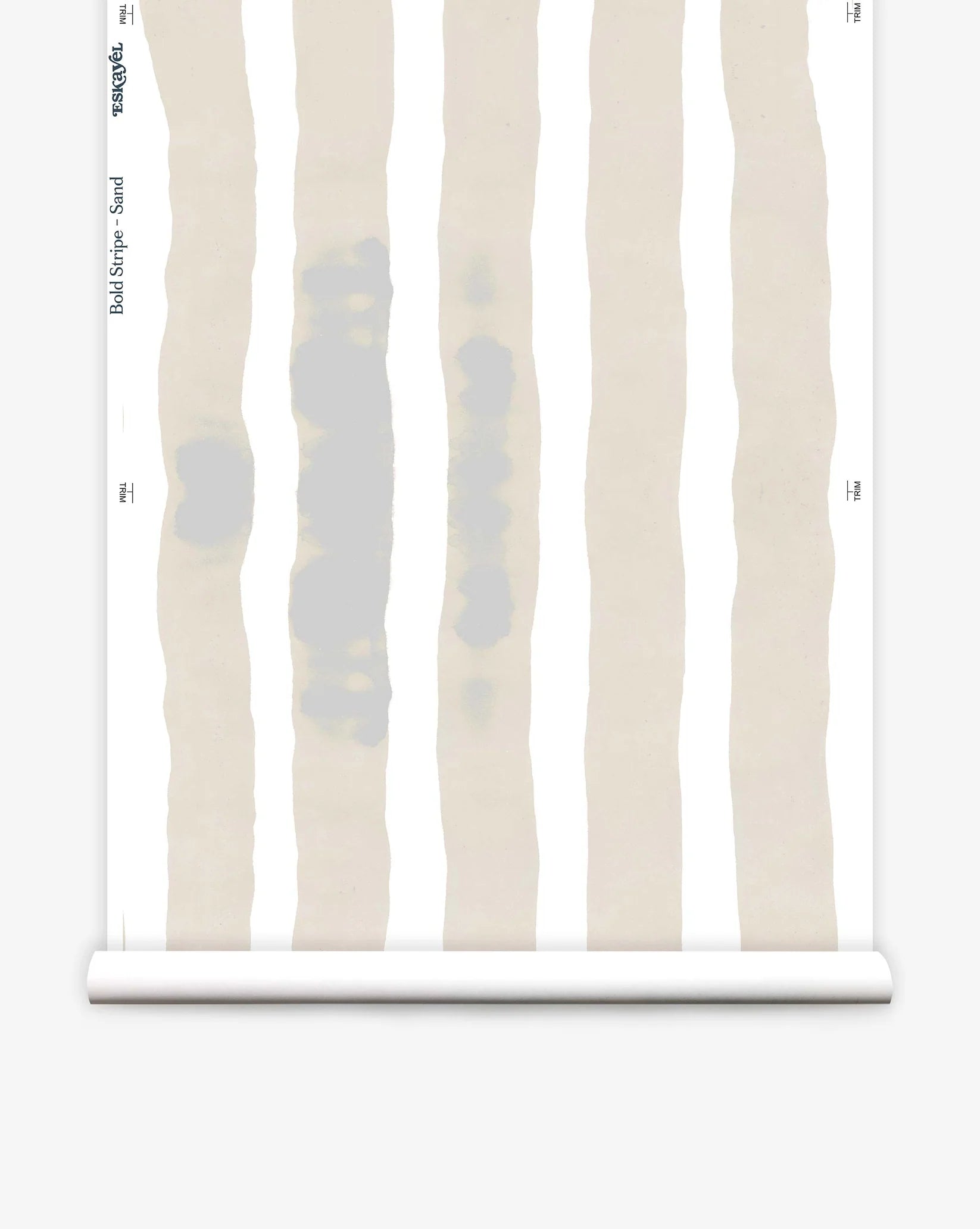 Wallpaper roll with bold watercolor stripes in beige and white on a white background.