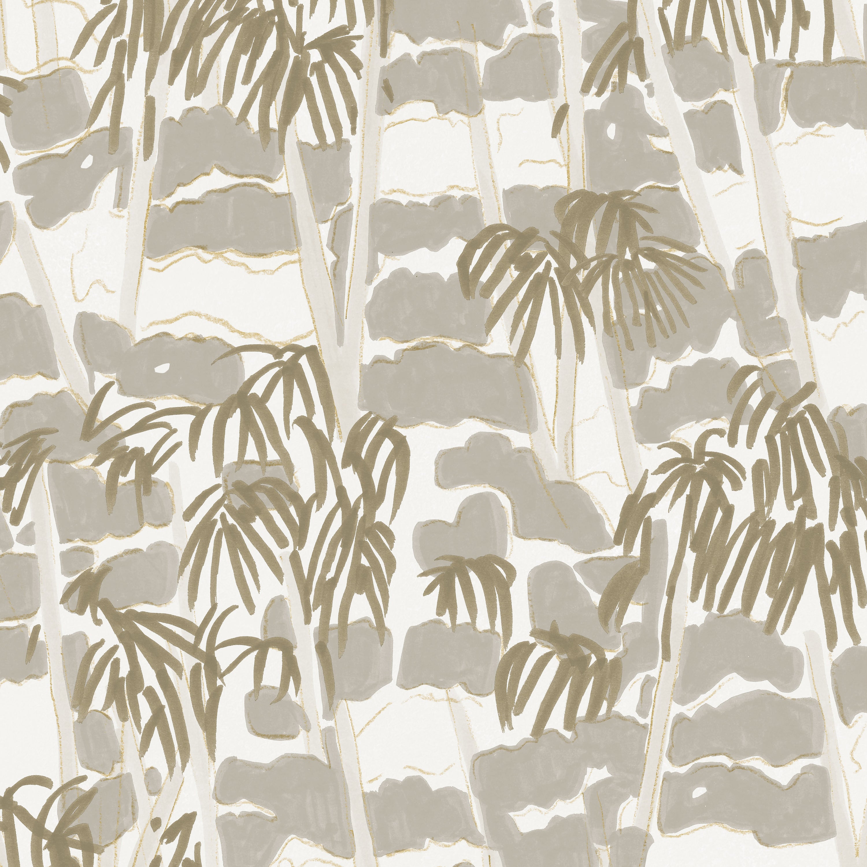Detail of fabric in a painterly palm tree print in shades of gray and gold on a white field.