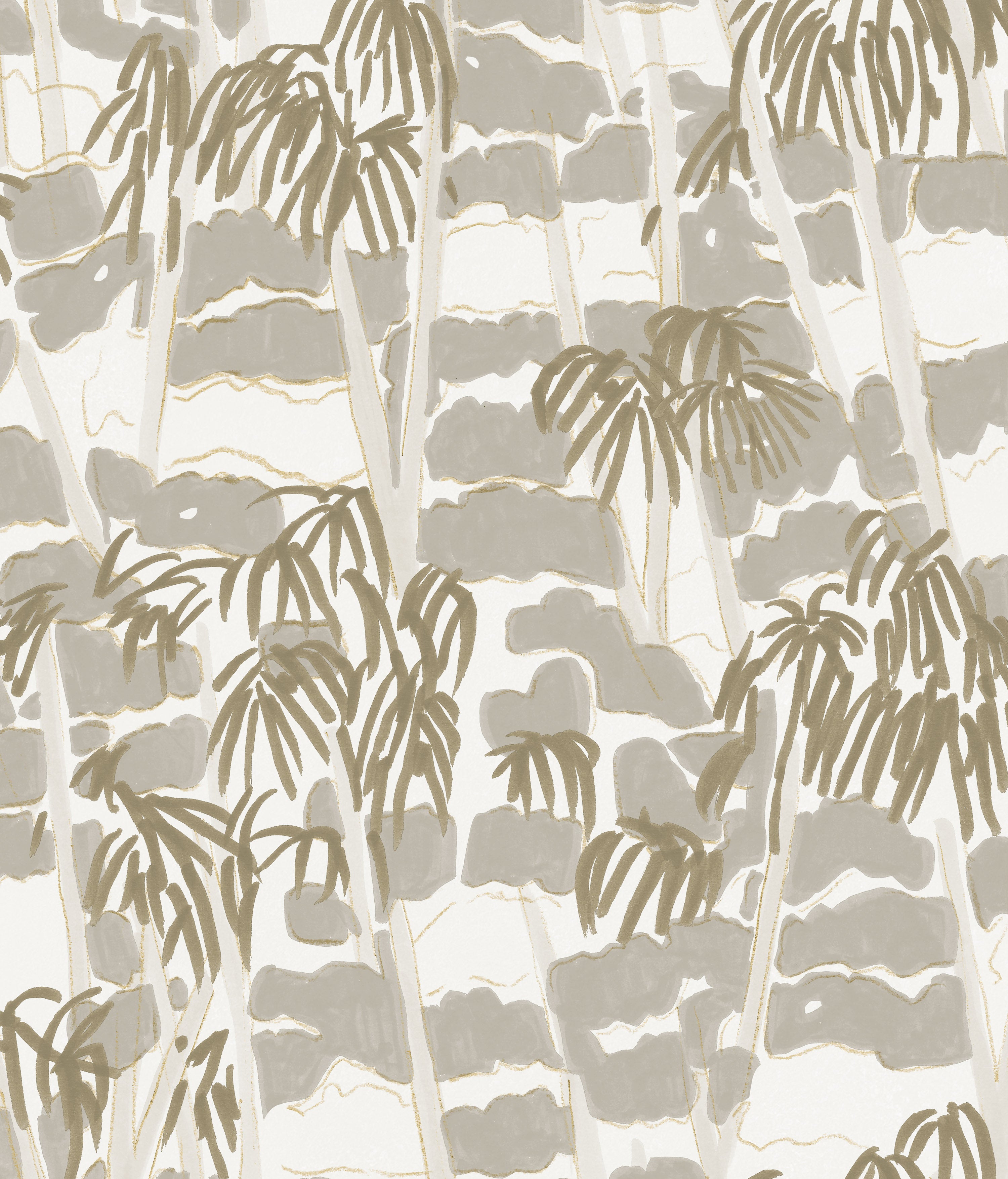 Detail of fabric in a painterly palm tree print in shades of gray and gold on a white field.