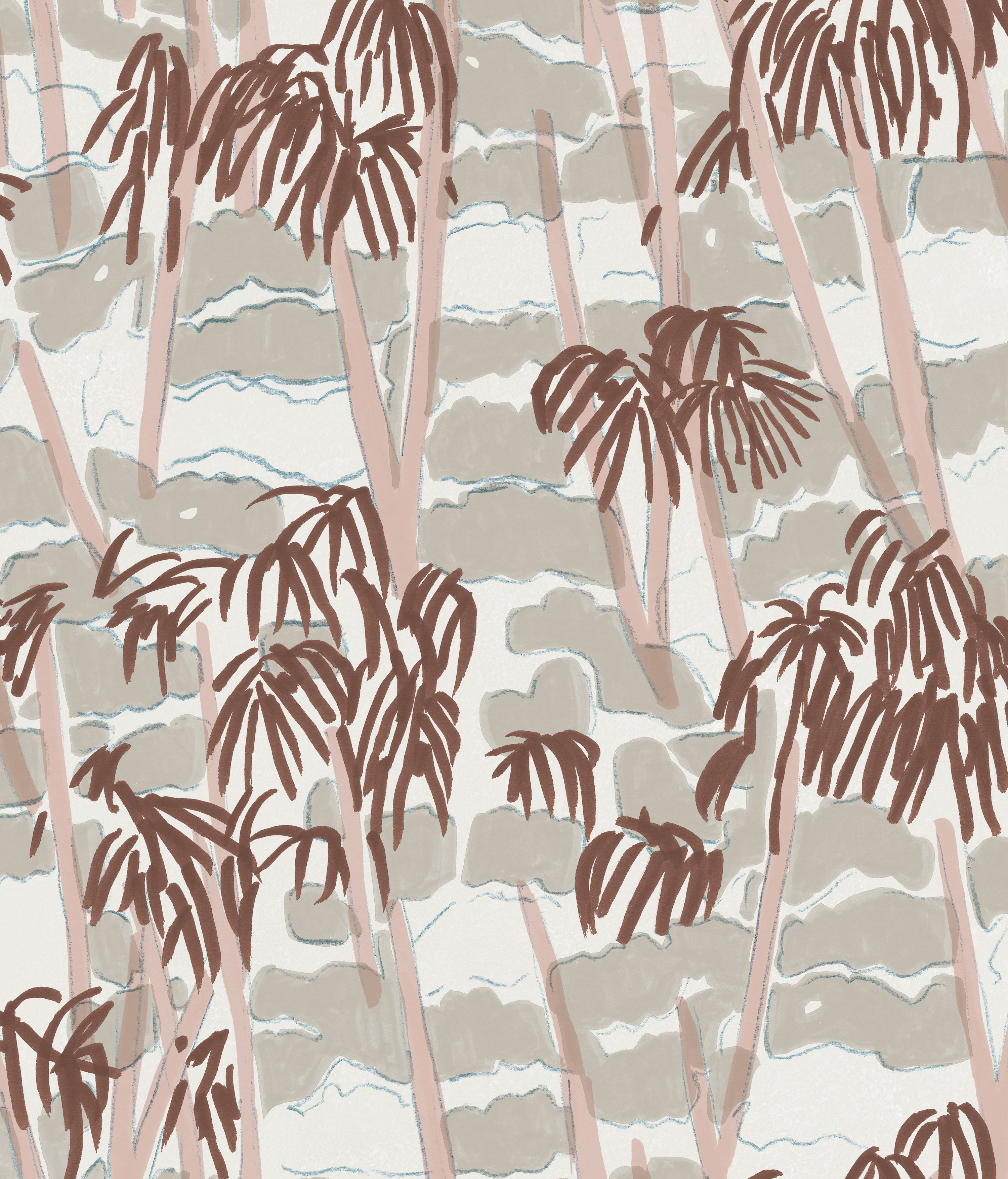 Detail of wallpaper in a painterly palm tree print in shades of pink, brown and blue on a white field.