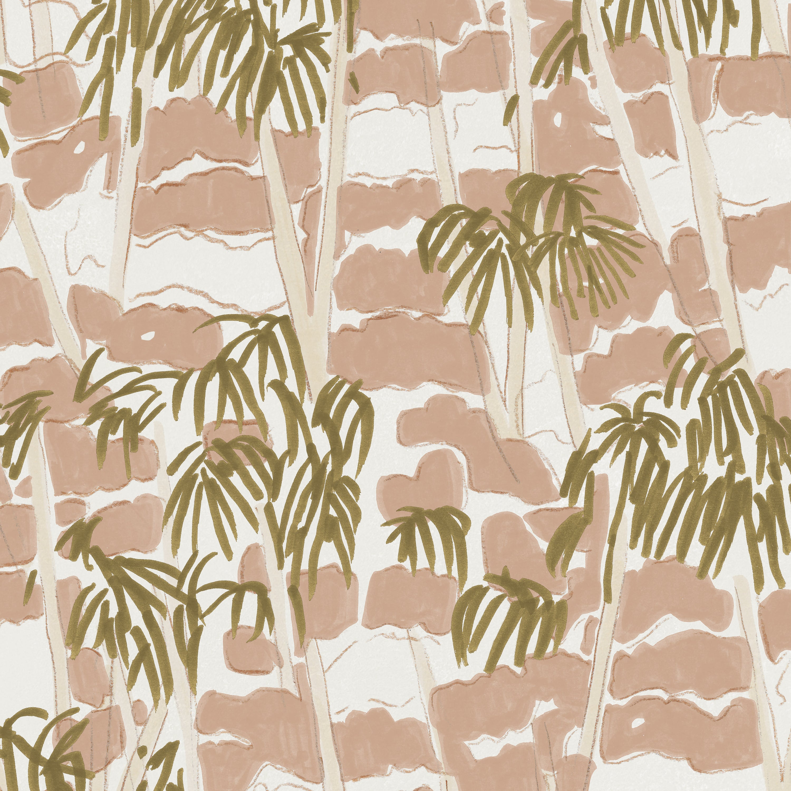 Detail of fabric in a painterly palm tree print in shades of pink, beige and olive on a white field.
