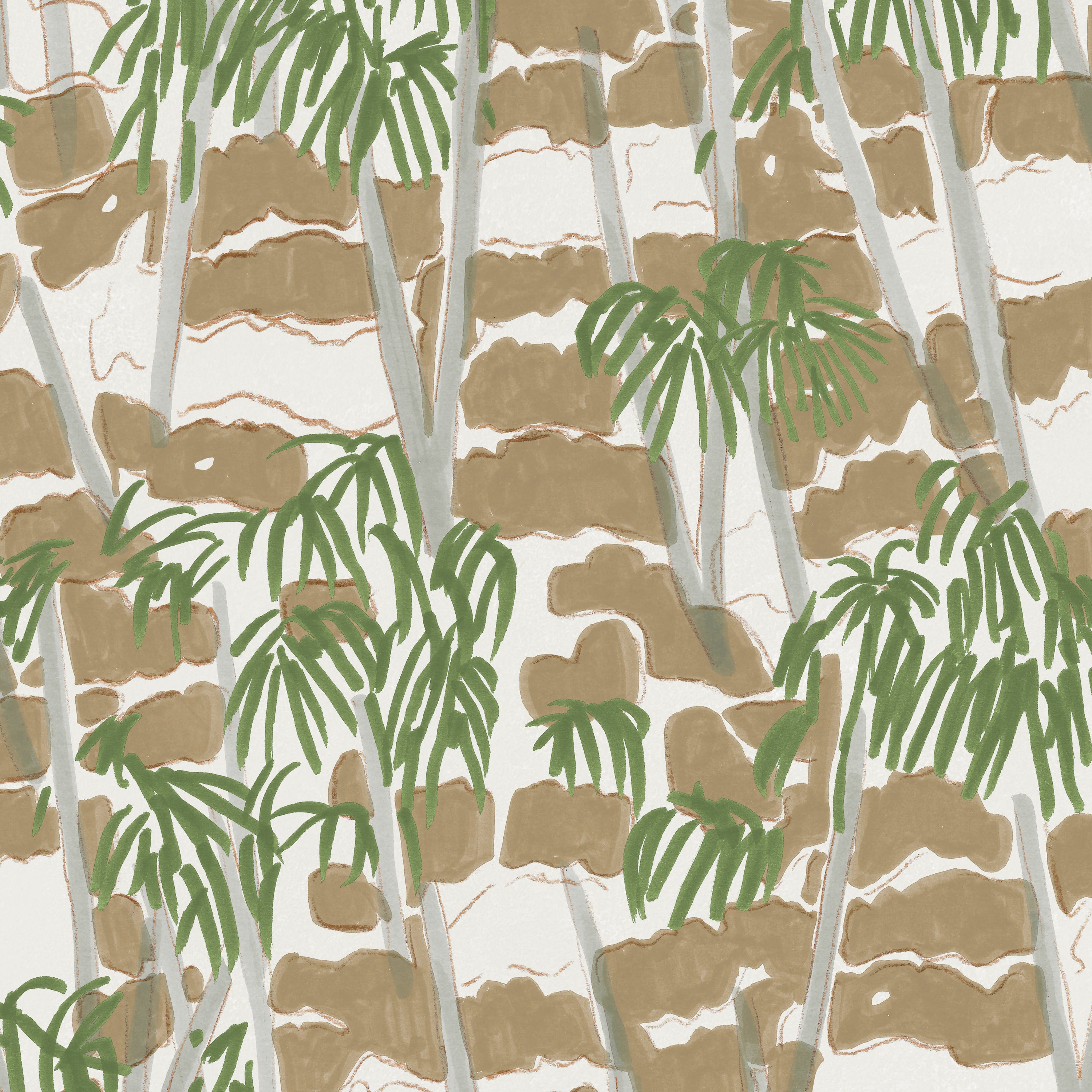 Detail of fabric in a painterly palm tree print in shades of green, gray and brown on a white field.