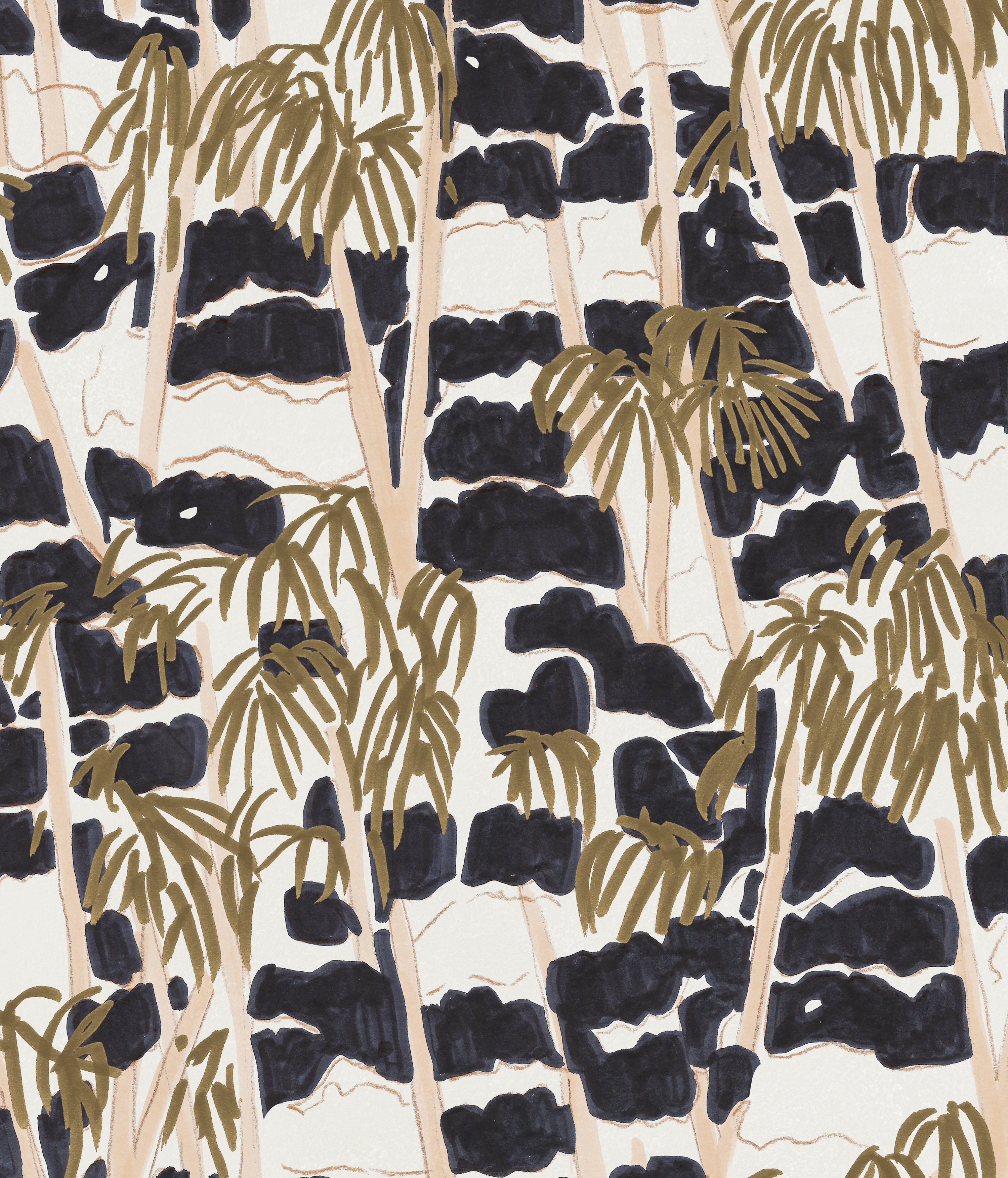 Detail of wallpaper in a painterly palm tree print in shades of gold, beige and navy on a white field.