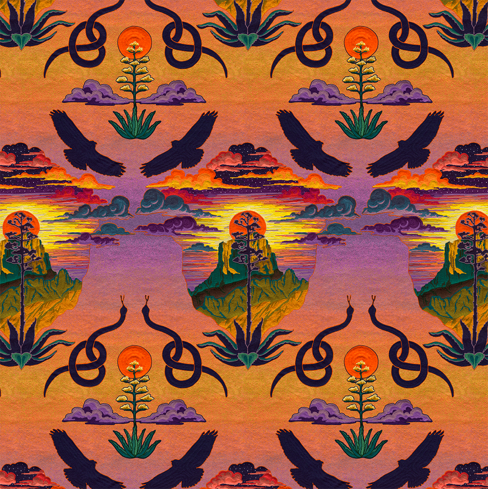 Scaled-out view of wallpaper in a repeating hawk, snake, canyon and sun print in many colors on an ombré purple to gold field.