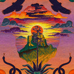 Detail of wallpaper in a repeating hawk, snake, canyon and sun print in a rainbow of shades on an ombré purple to gold field.