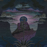 Detail of wallpaper in a repeating hawk, snake, canyon and sun print in shades of purple, blue and gray.