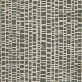 Detail of fabric in a textural grid print in gray on a cream field.