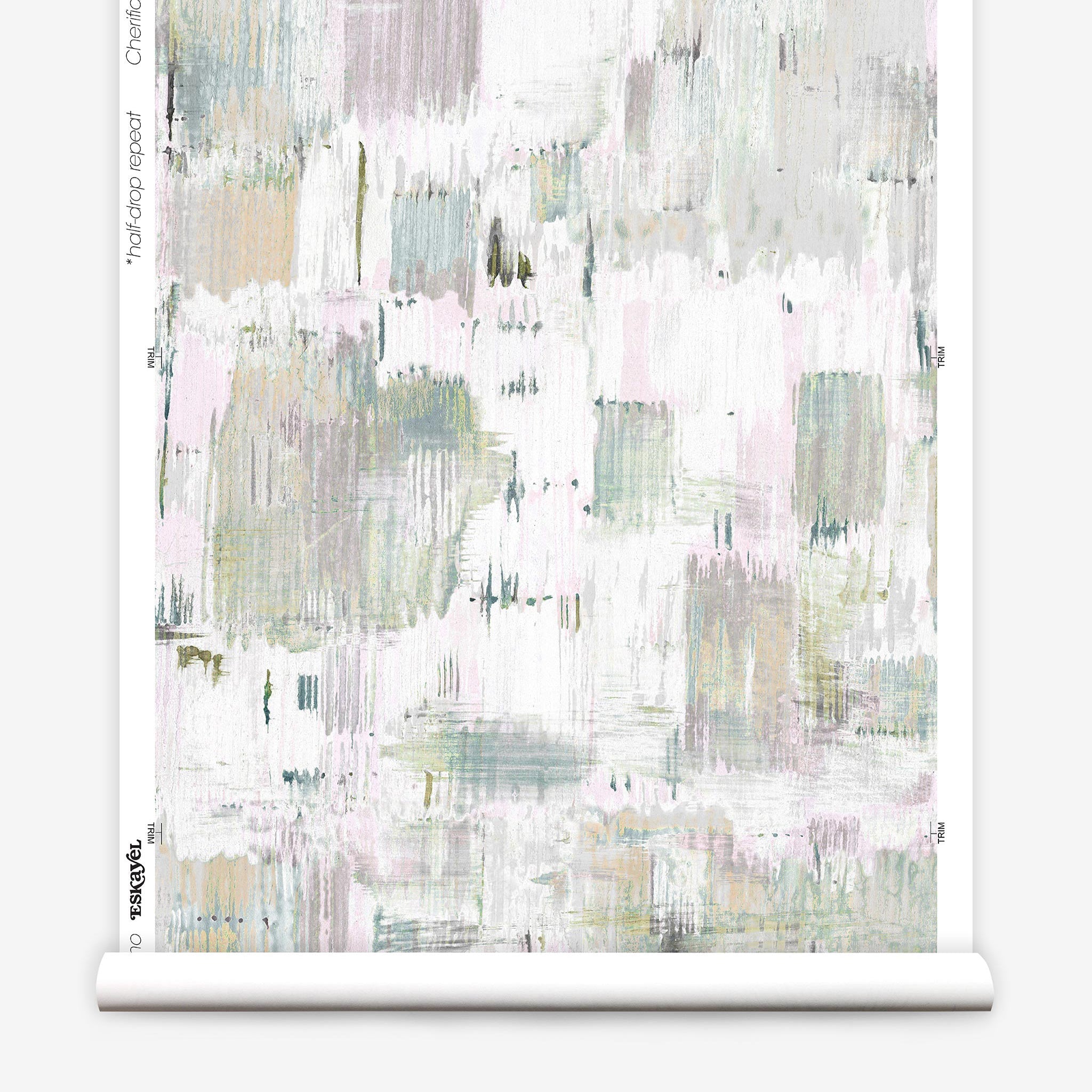 Partially unrolled wallpaper yardage in a watercolor textural print in shades of green and pink on a white field.