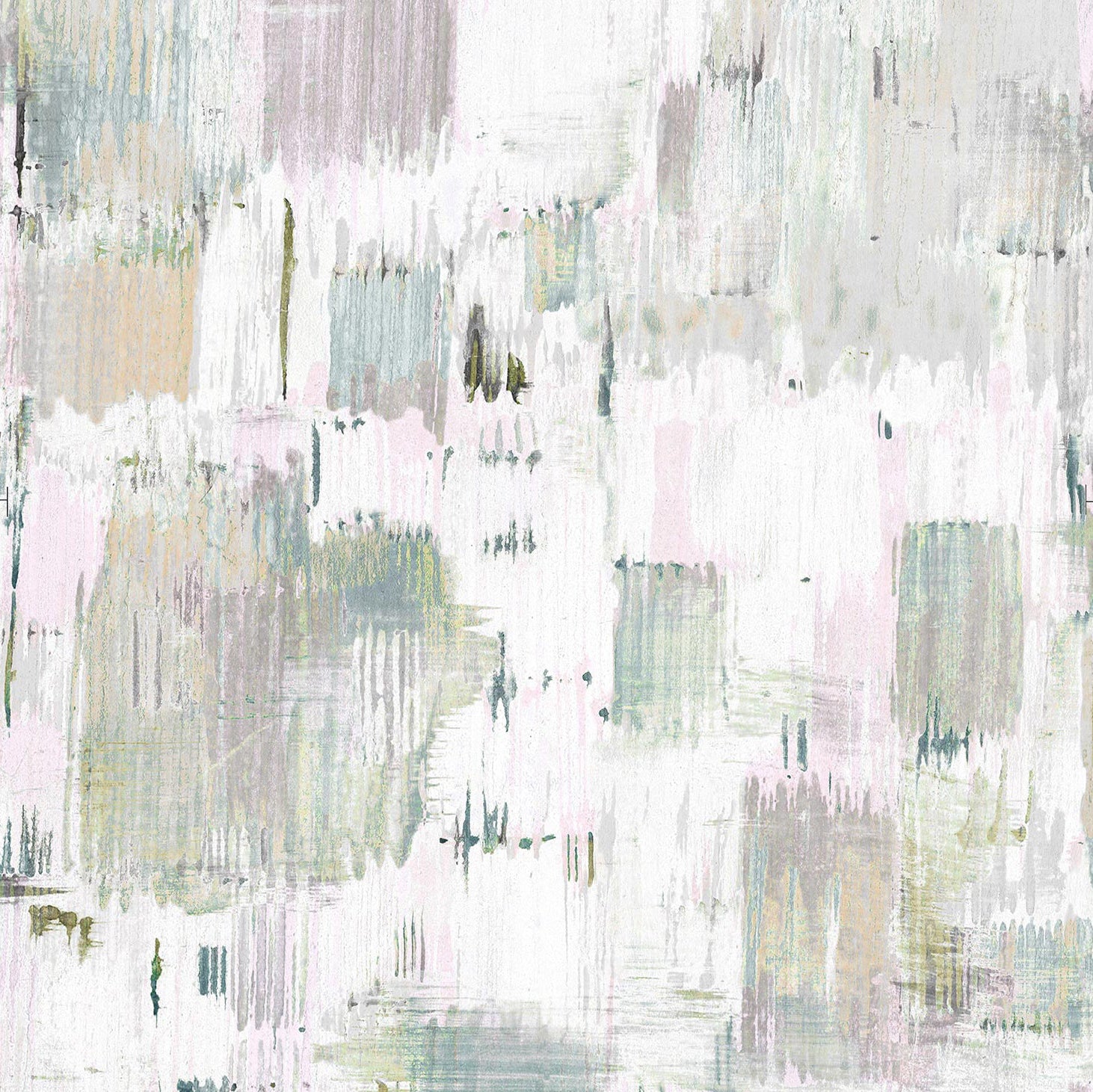 Detail of wallpaper in a watercolor textural print in shades of green and pink on a white field.