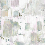Detail of wallpaper in a watercolor textural print in shades of green and pink on a white field.