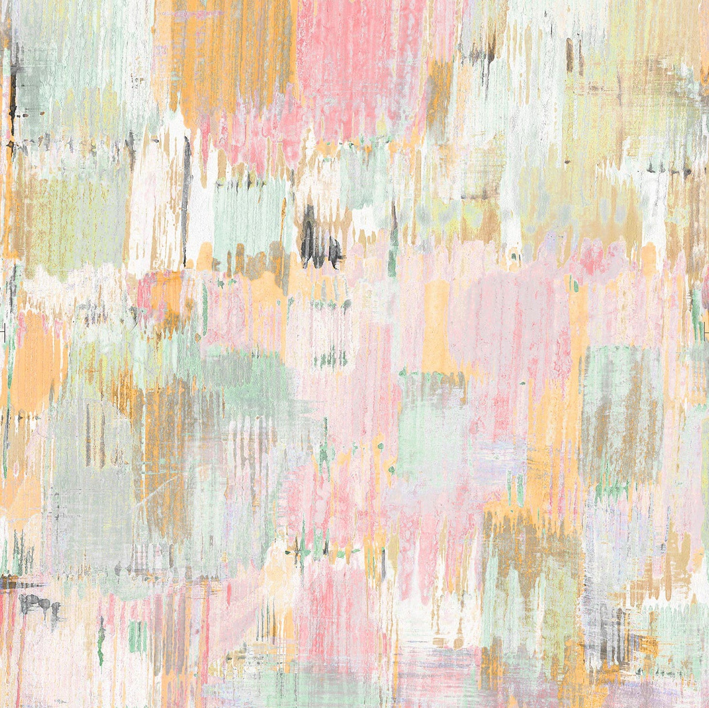 Detail of wallpaper in a watercolor textural print in shades of pink, green, yellow and white.
