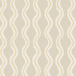 Detail of wallpaper in a playful curvy stripe print in white and yellow on a beige field.