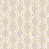 Detail of wallpaper in a playful curvy stripe print in white and yellow on a beige field.