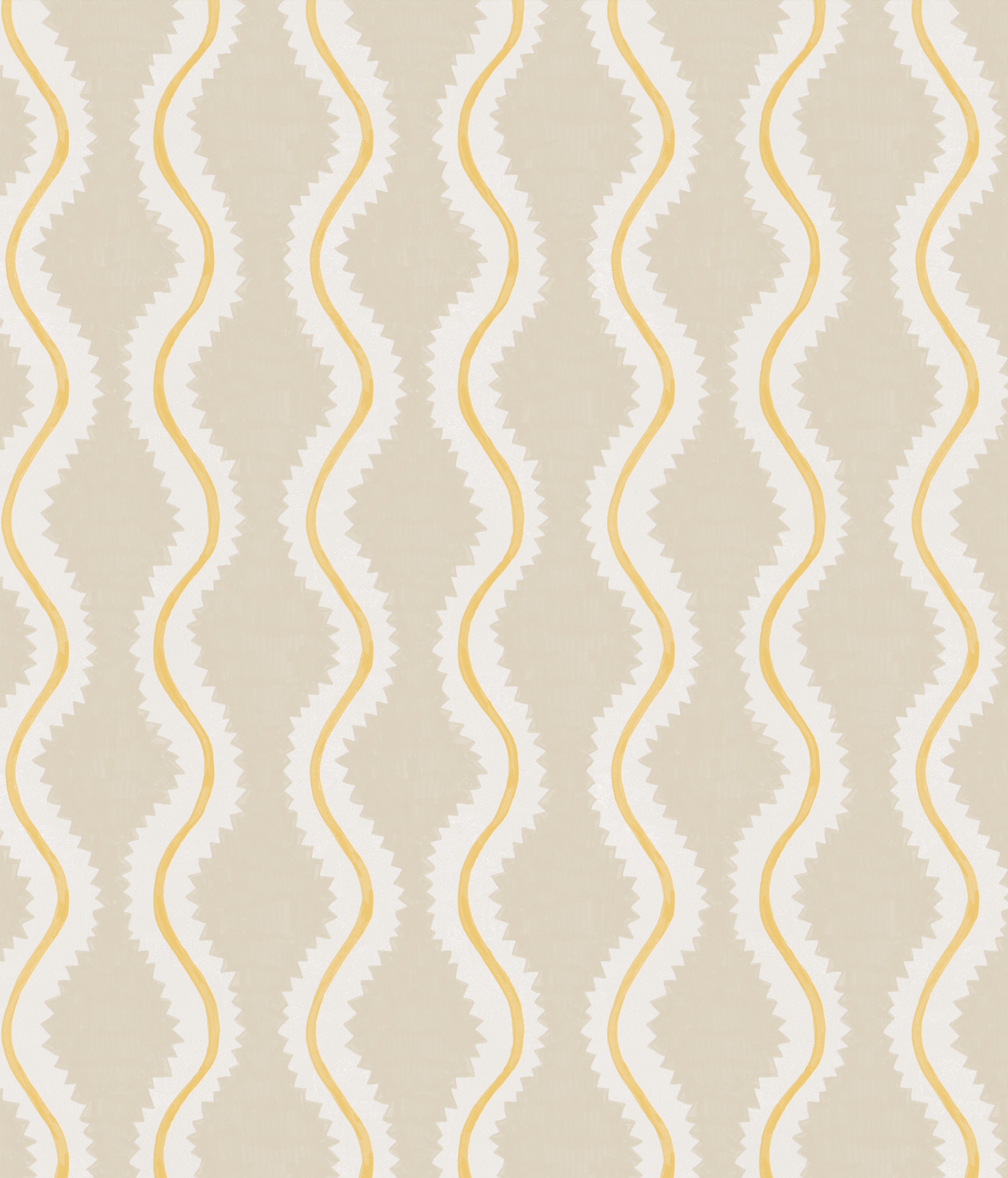 Detail of wallpaper in a playful curvy stripe print in white and yellow on a beige field.