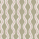 Detail of fabric in a playful curvy stripe print in white and brown on an olive field.