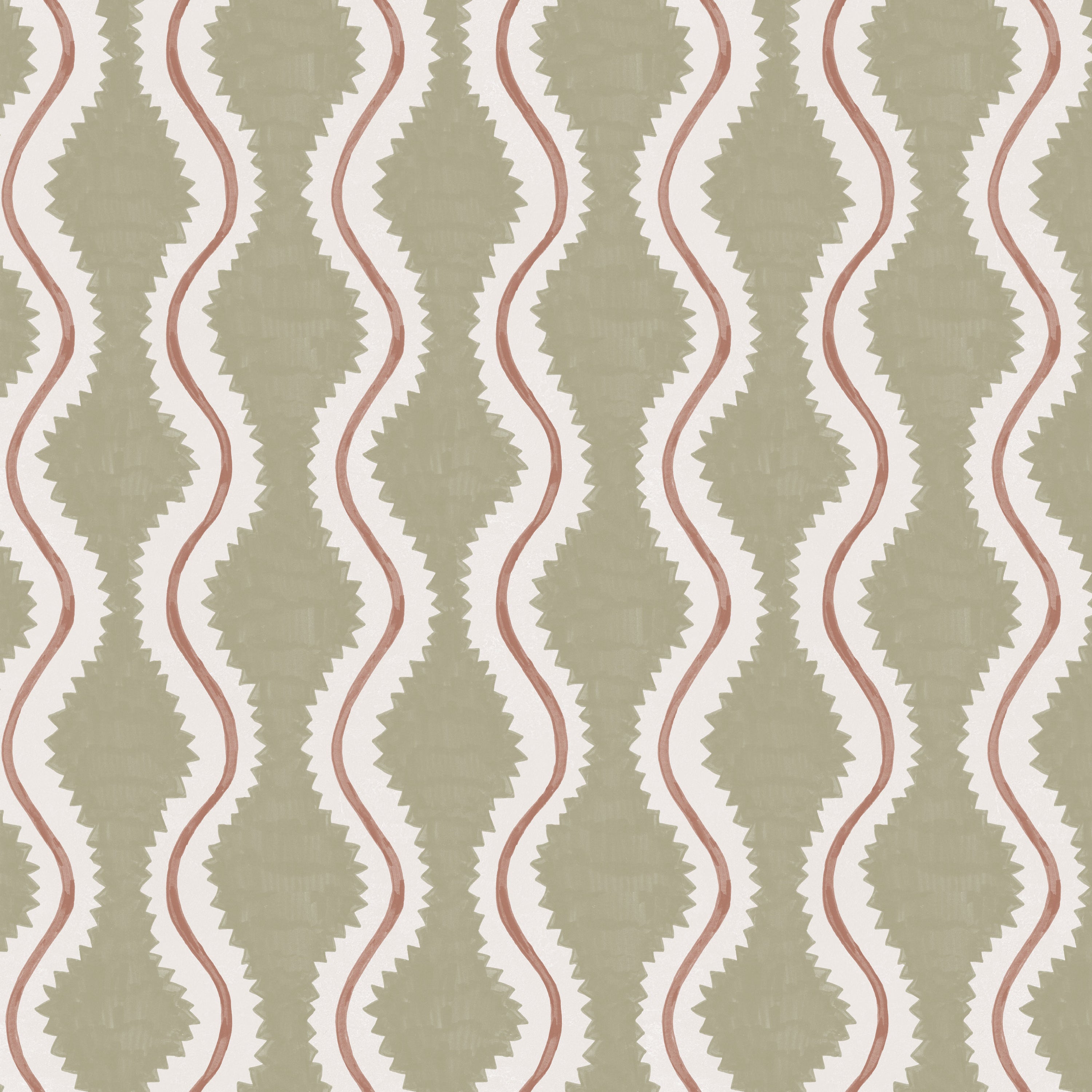 Detail of fabric in a playful curvy stripe print in white and brown on an olive field.