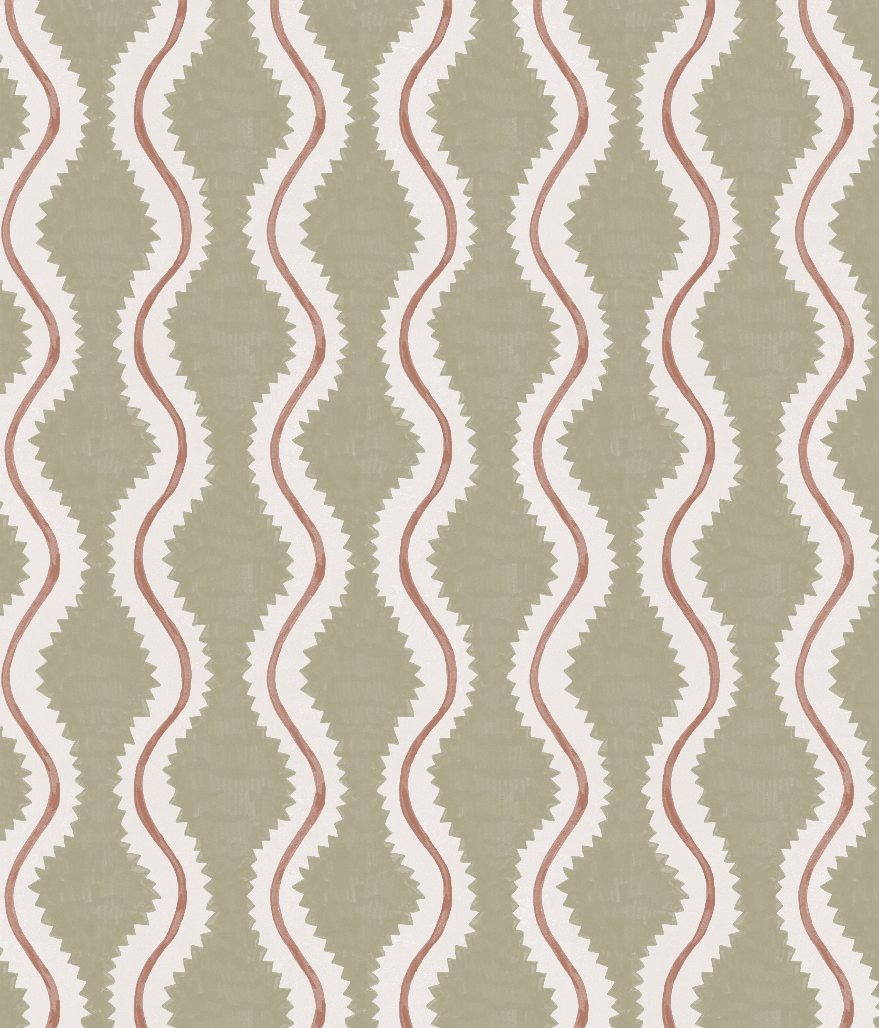 Detail of fabric in a playful curvy stripe print in white and brown on an olive field.