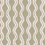 Detail of wallpaper in a playful curvy stripe print in white and brown on an olive field.