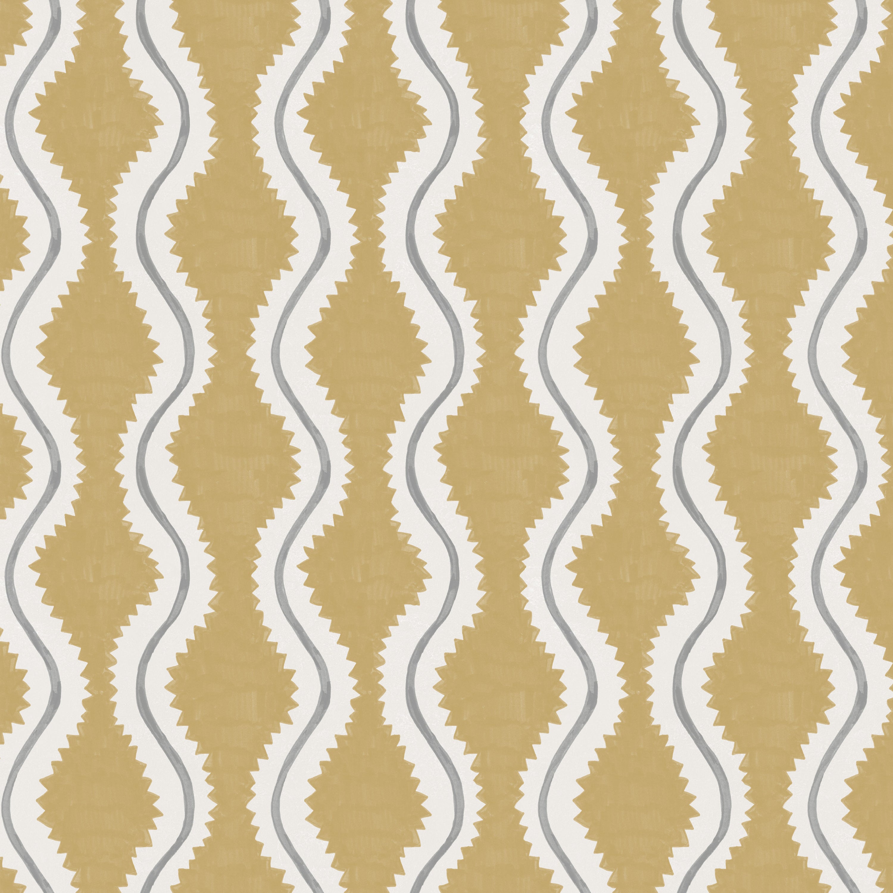 Detail of fabric in a playful curvy stripe print in white and gray on a mustard field.