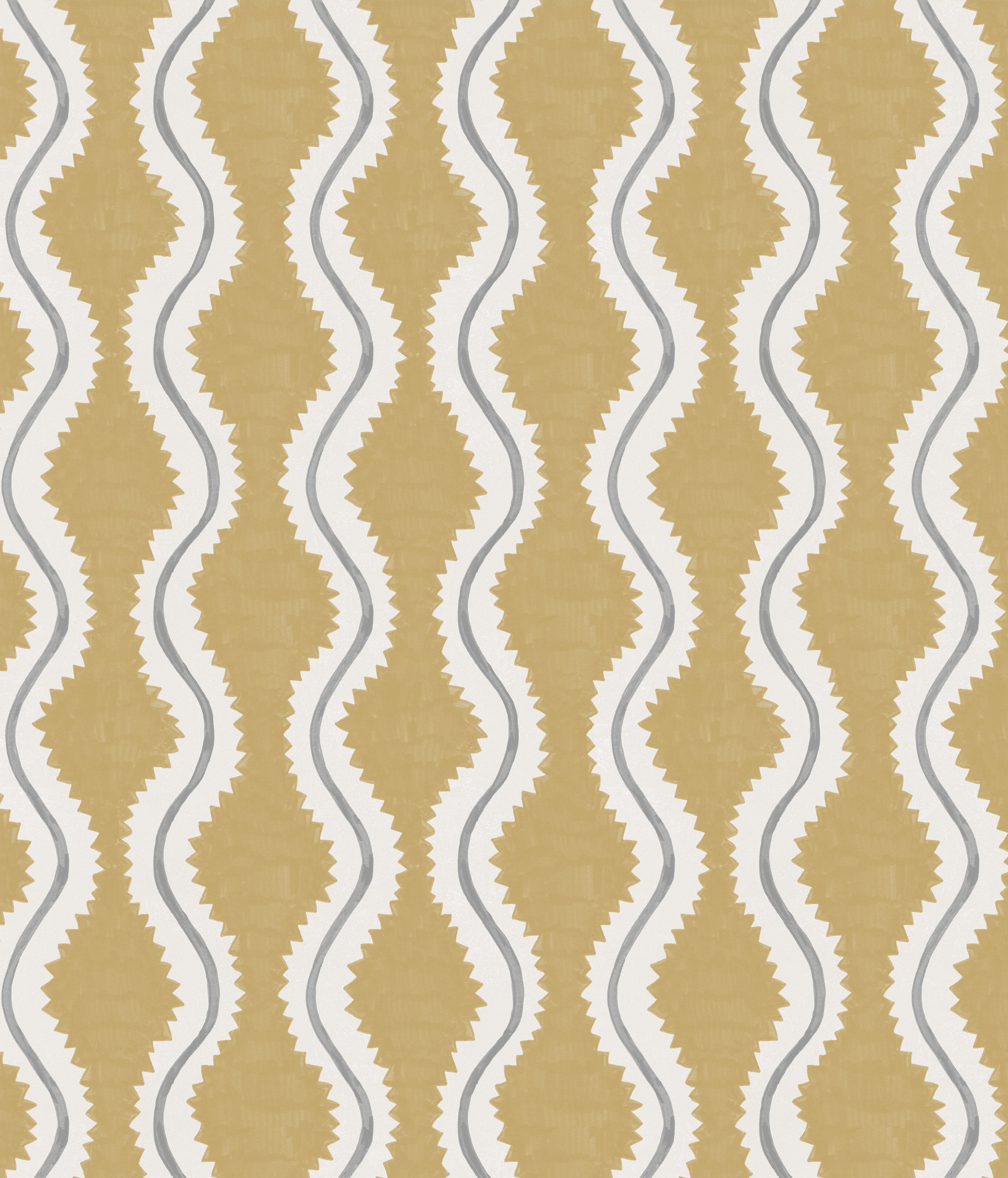 Detail of fabric in a playful curvy stripe print in white and gray on a mustard field.