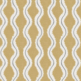 Detail of wallpaper in a playful curvy stripe print in white and gray on a mustard field.