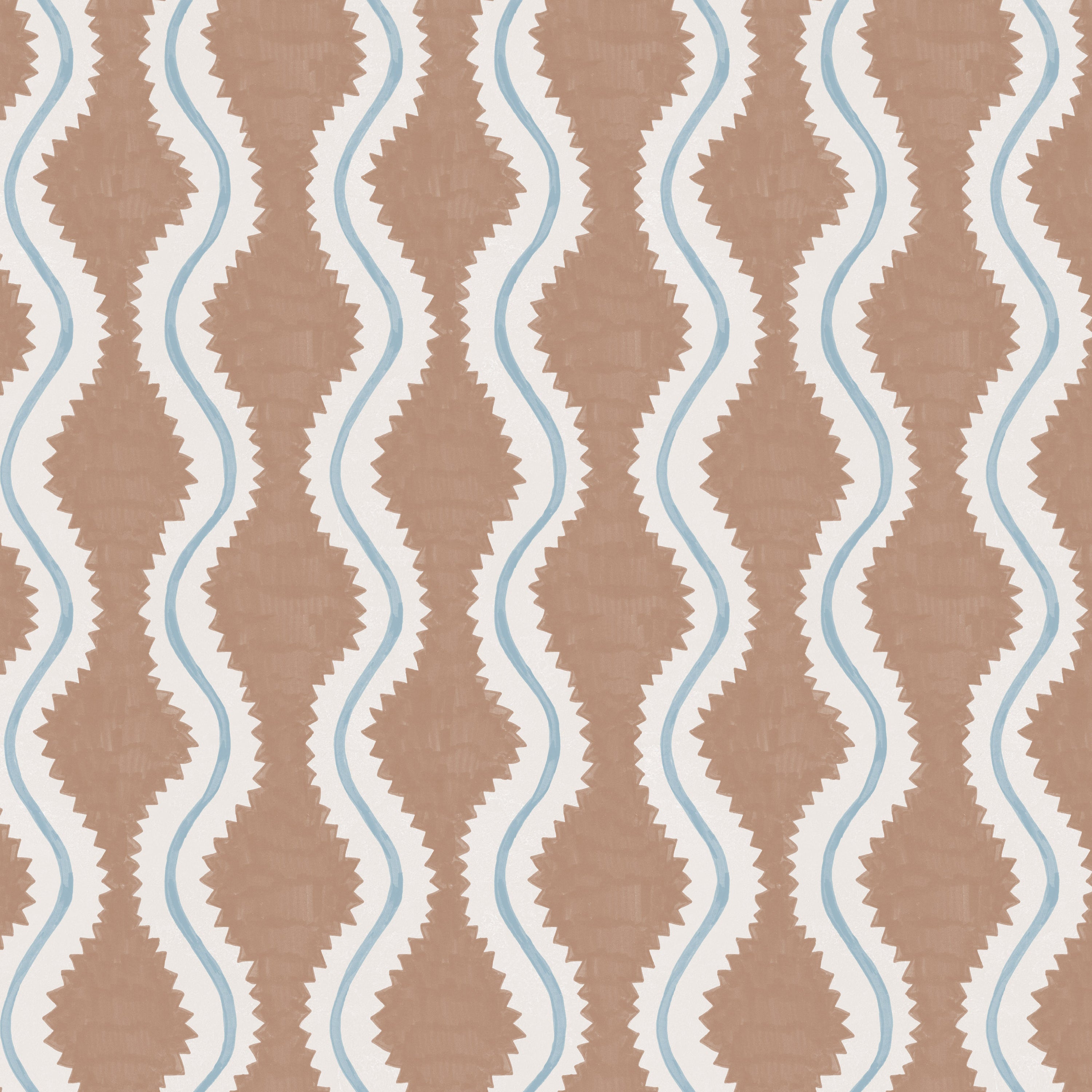Detail of wallpaper in a playful curvy stripe print in white and blue on a brown field.