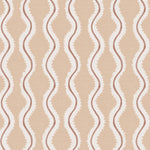 Detail of fabric in a playful curvy stripe print in white and brown on a light pink field.