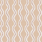 Detail of fabric in a playful curvy stripe print in white and brown on a light pink field.