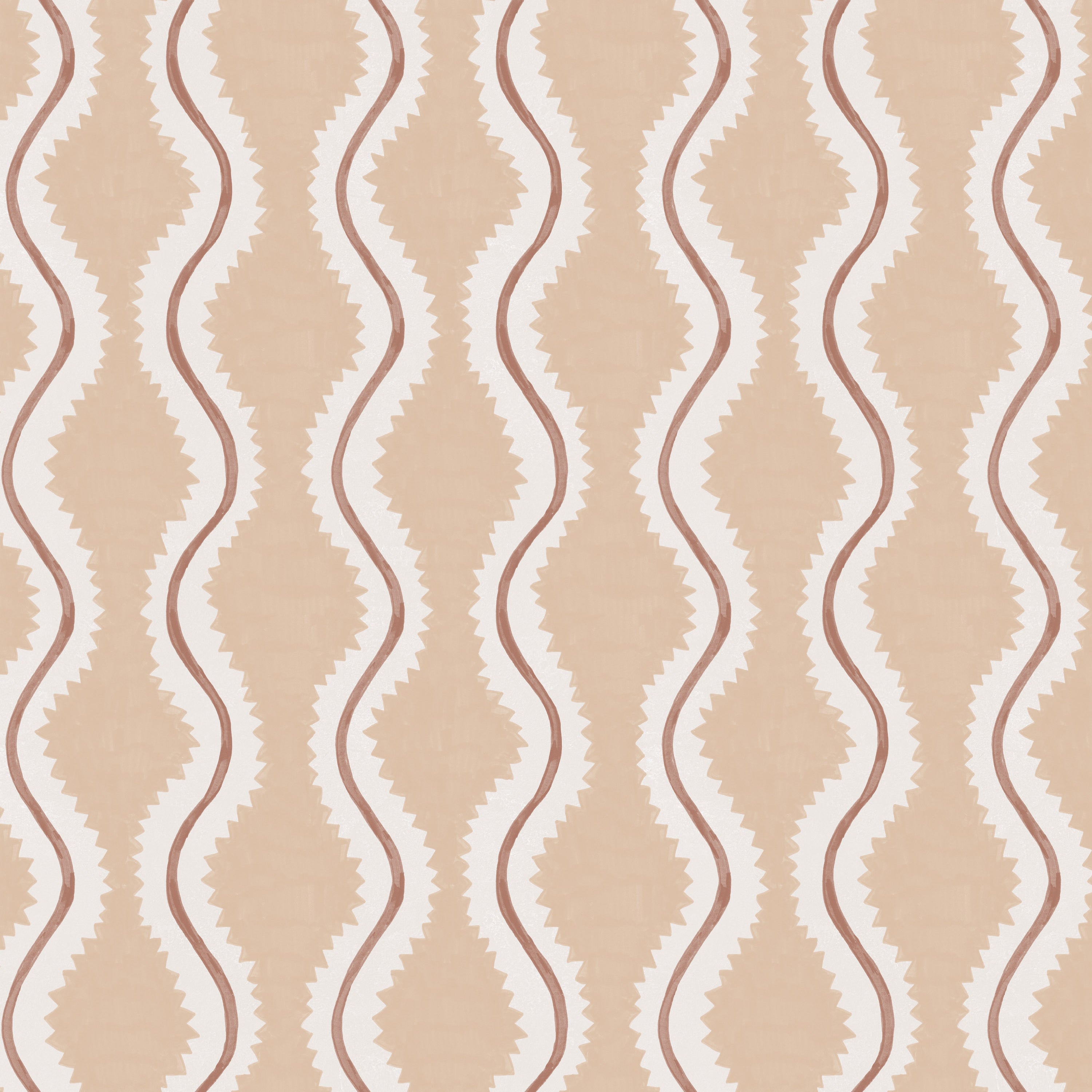 Detail of fabric in a playful curvy stripe print in white and brown on a light pink field.