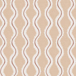 Detail of wallpaper in a playful curvy stripe print in white and brown on a light pink field.