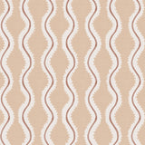 Detail of wallpaper in a playful curvy stripe print in white and brown on a light pink field.