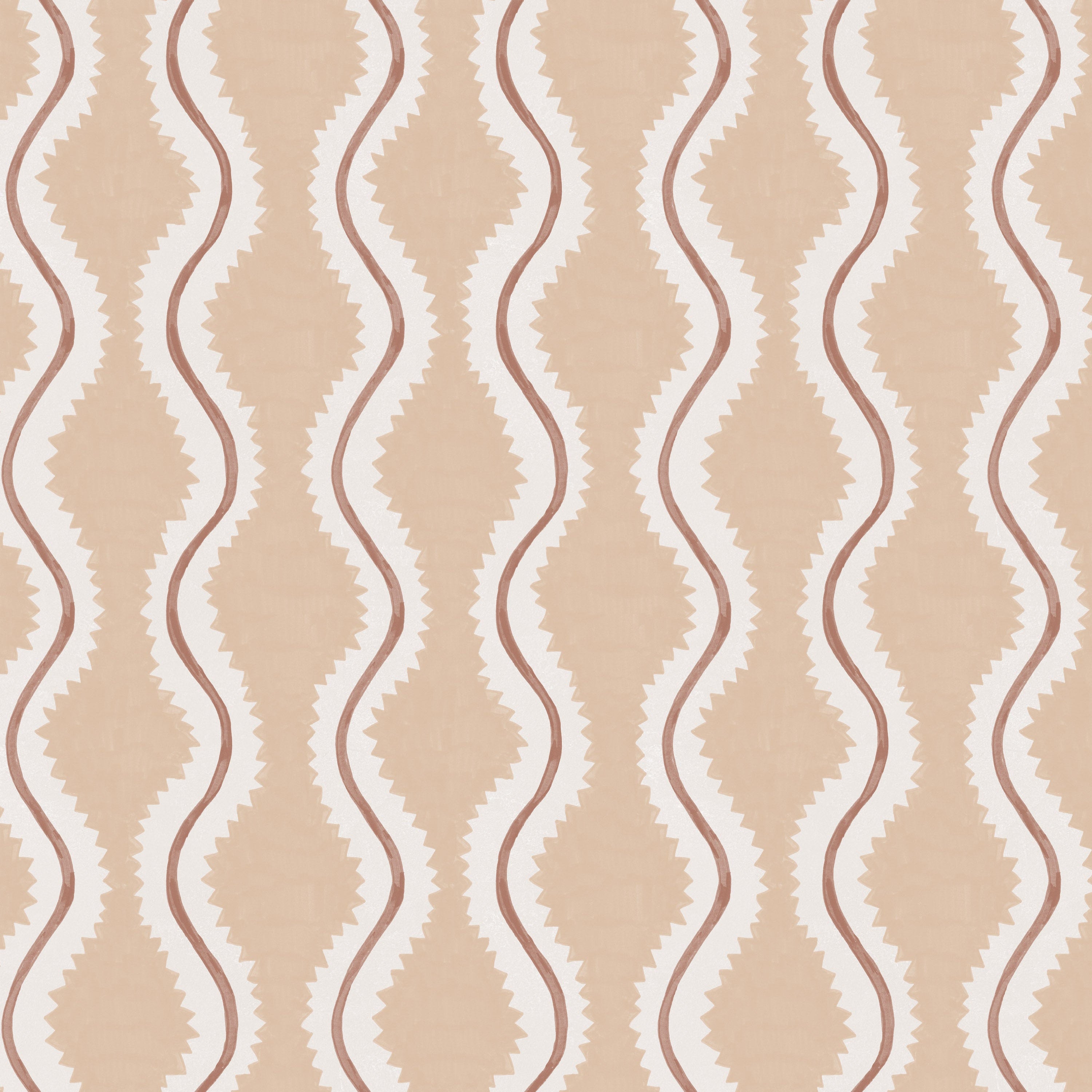 Detail of wallpaper in a playful curvy stripe print in white and brown on a light pink field.