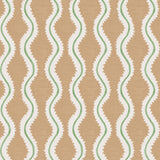 Detail of fabric in a playful curvy stripe print in white and green on a burnt orange field.