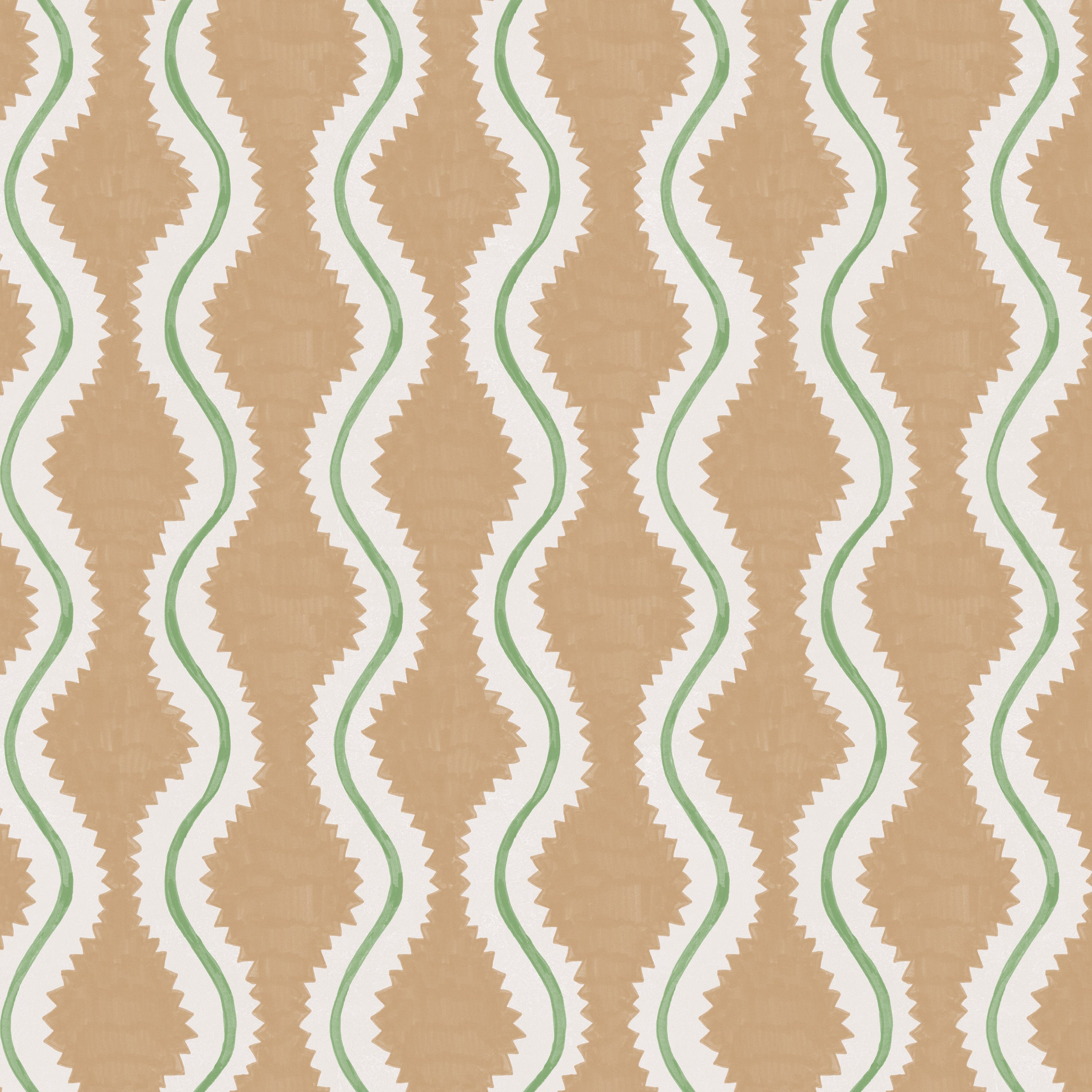 Detail of fabric in a playful curvy stripe print in white and green on a burnt orange field.